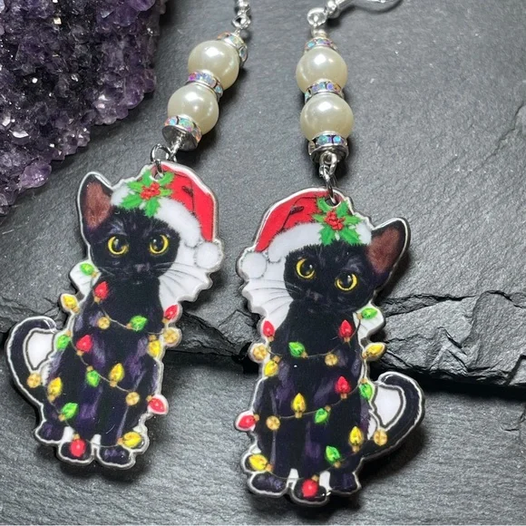 SOLD Holiday Festive Black Cat Christmas And Santa Clause Hat Earrings - Picture 6 of 8